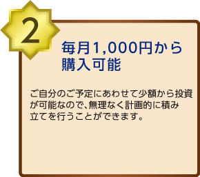 毎月1,000円から購入可能ご自分のご予定にあわせて小学から投資が可能なので、無理なく計画的に積み立てを行うことができます。
