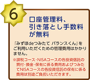 口座管理料、引き落とし手数料が無料『みずほdeつみたて バランスくん』をご利用いただくための管理費用はかかりません。*課税コース・NISAコースの各投資信託の買付・換金・保有に係る費用およびつみたてNISaコースの各投資信託の保有に係る費用は別途ご負担いただきます。